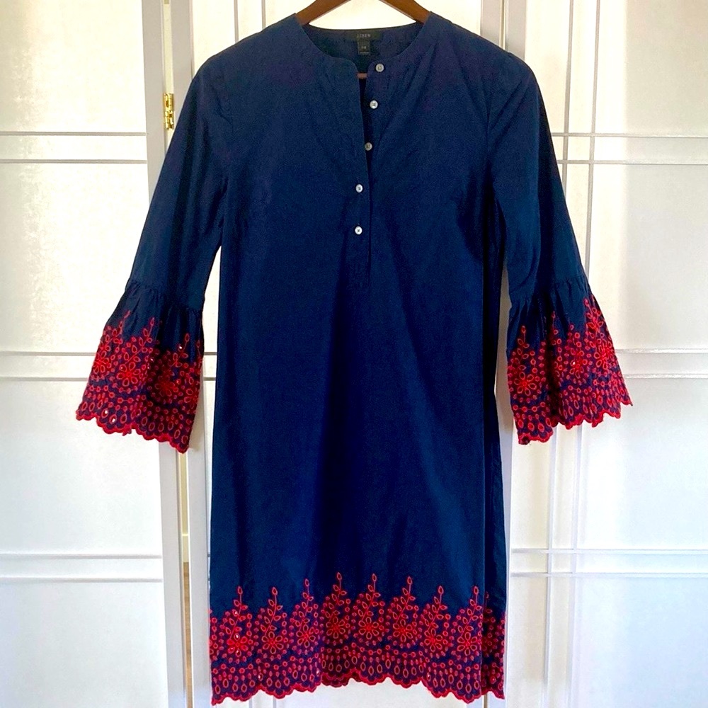 MOVING SALE!! J. CREW Navy Red Embroidered Scalloped Cotton Tunic Dress, XXS